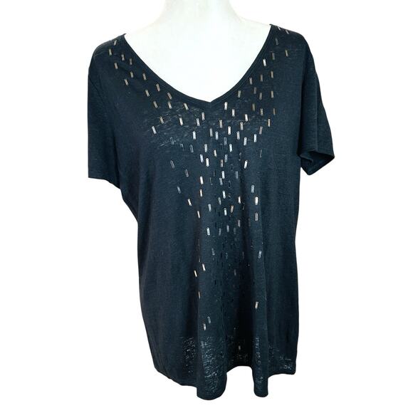 Eileen Fisher Linen V Neck Top Womens Large Black Beaded Goth Quiet Luxury Chic - Picture 1 of 15
